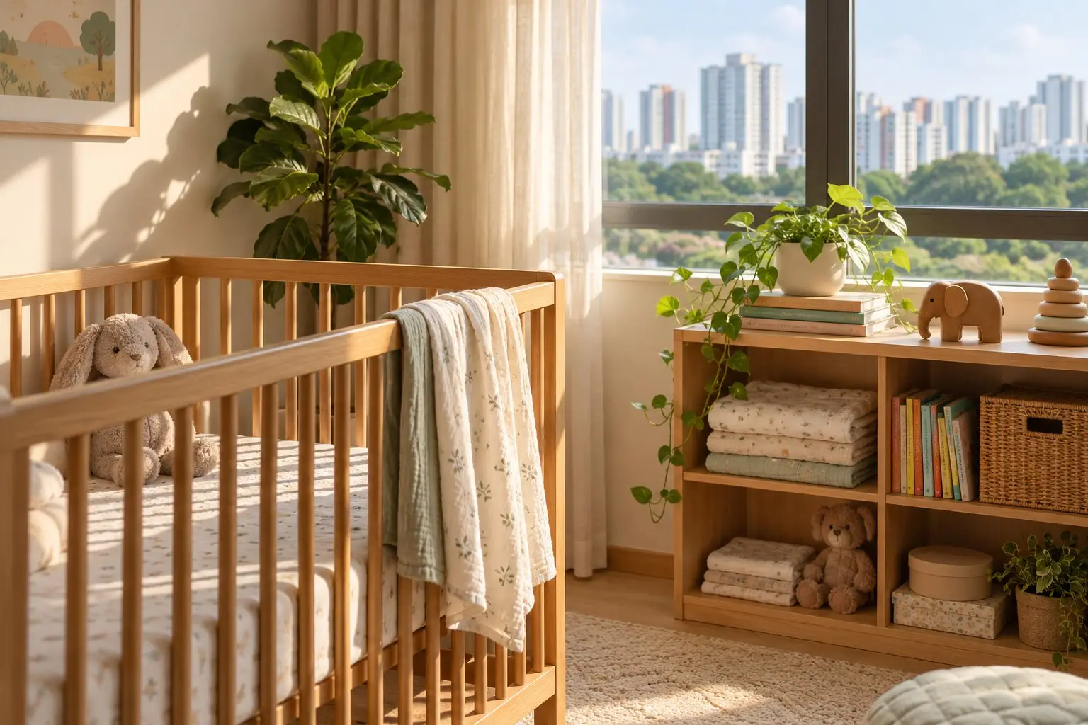 A calm nursery corner with a wooden cot, folded muslin cloths and a small stack of picture books by a sunlit window