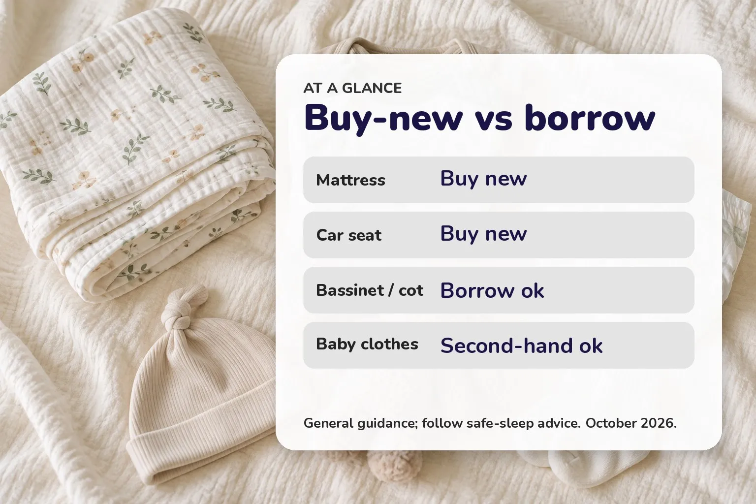 Buy-new vs borrow: Mattress Buy new; Car seat Buy new; Bassinet / cot Borrow ok; Baby clothes Second-hand ok