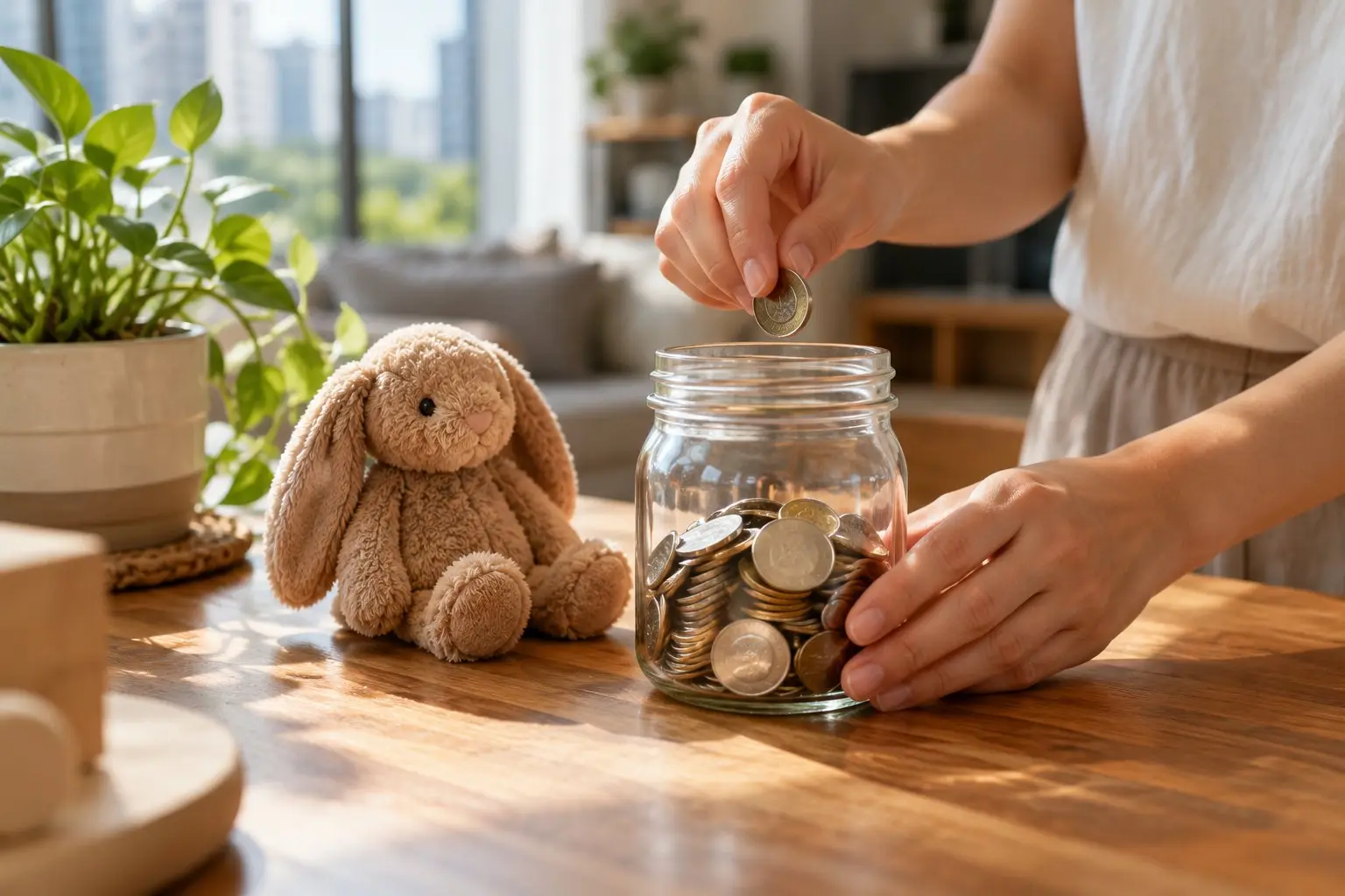 A hand adding a coin to a savings jar beside a soft toy on a wooden table