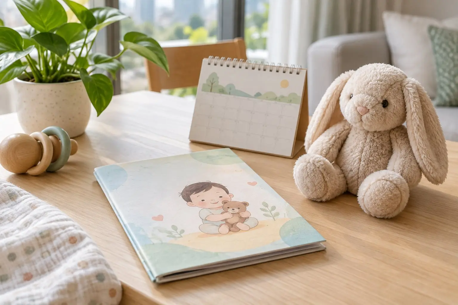 A child's health booklet and a plush toy on a table, with a calendar