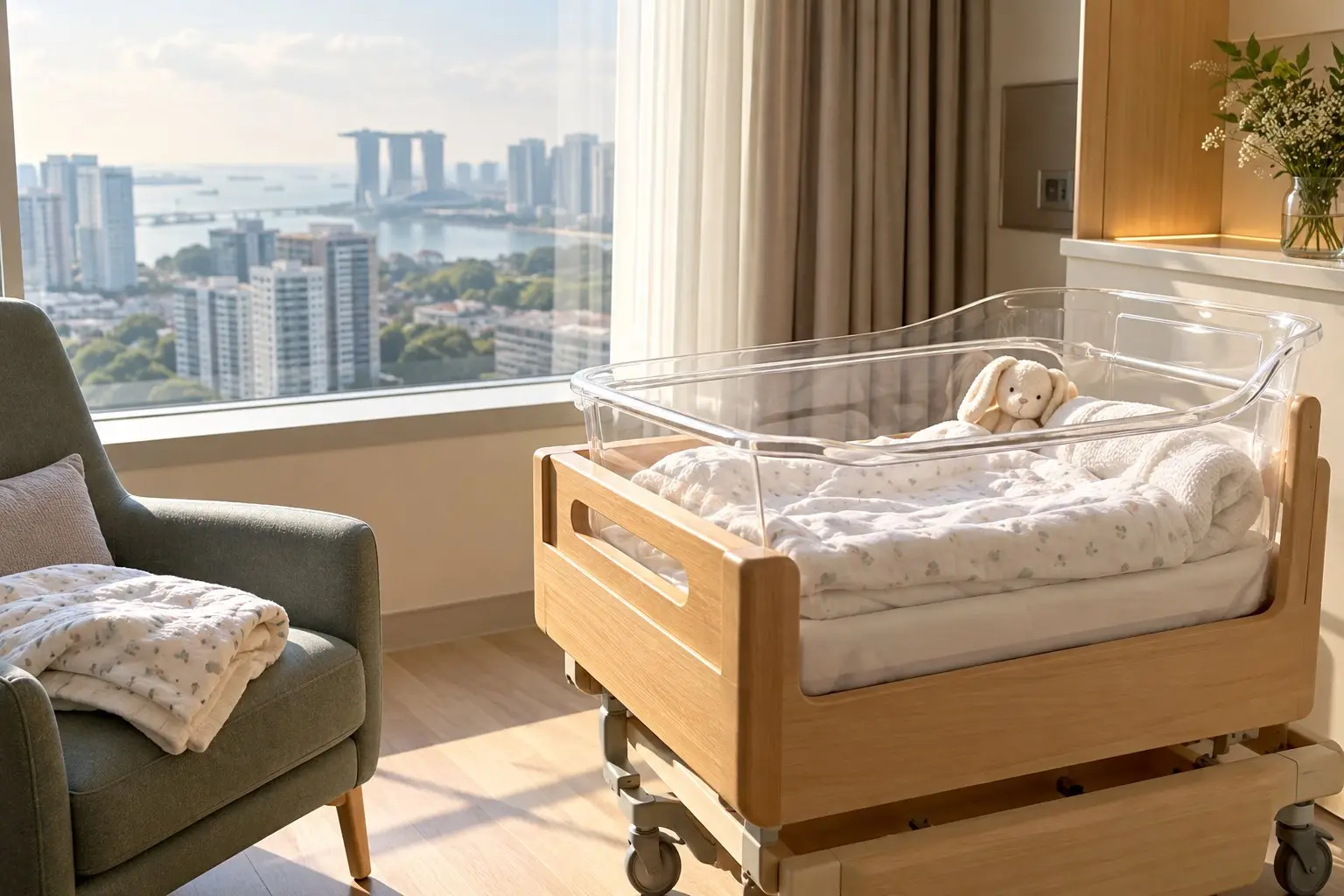 A calm hospital nursery corner with an empty bassinet beside a window