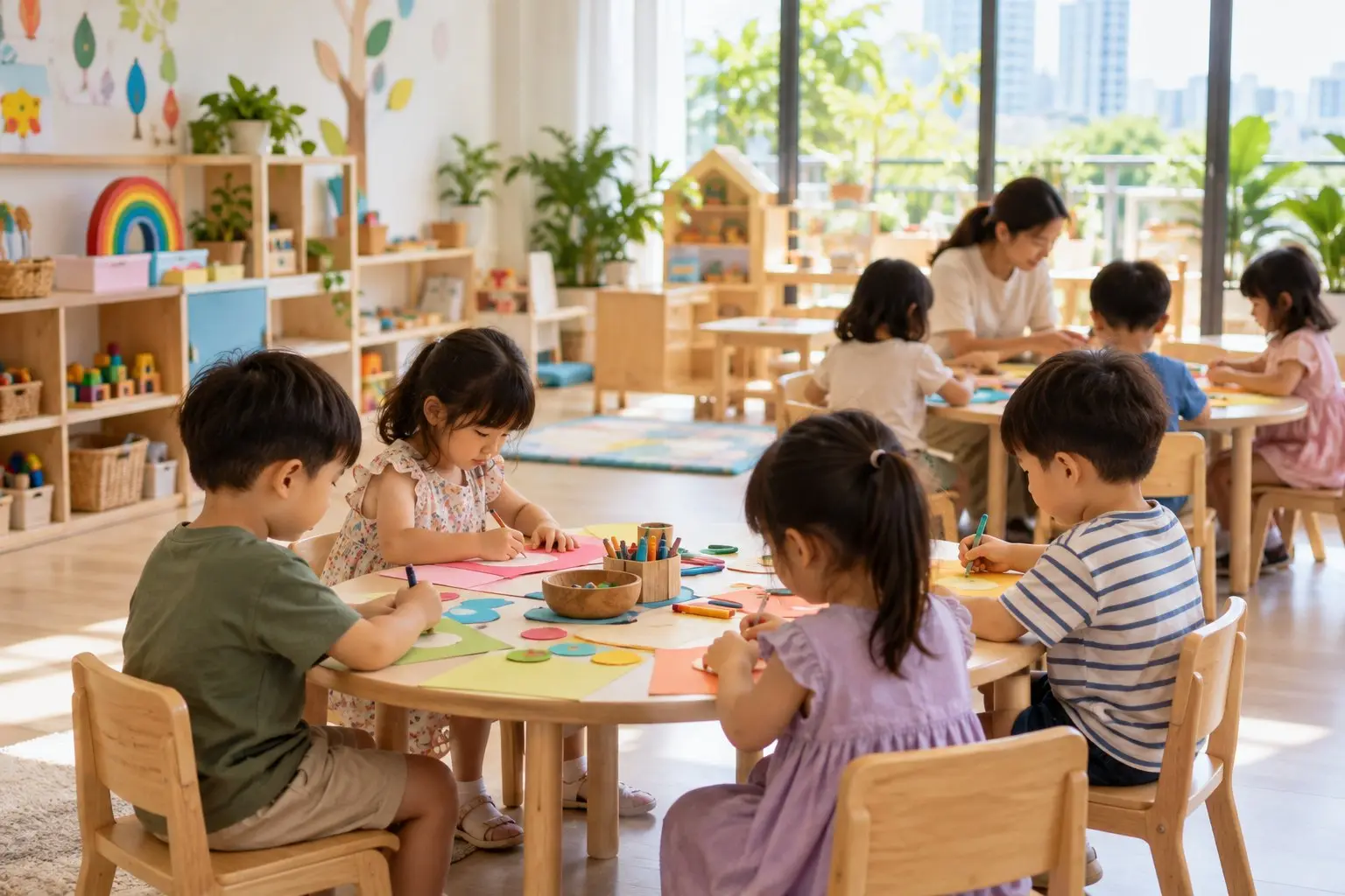 Young children seated at low tables in a bright kindergarten classroom doing a craft activity