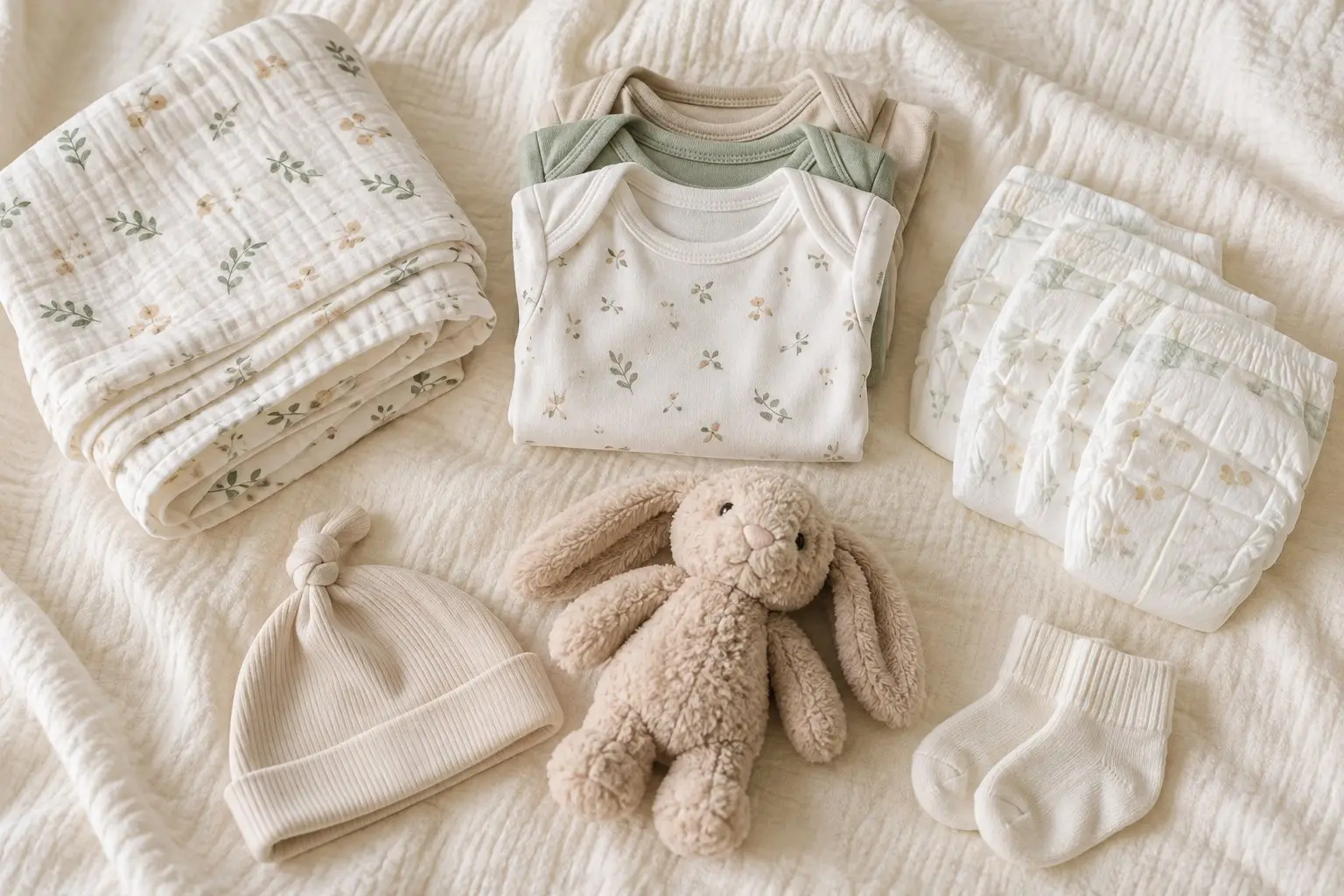 A tidy flat-lay of newborn basics: light bodysuits, a swaddle, nappies and a soft hat