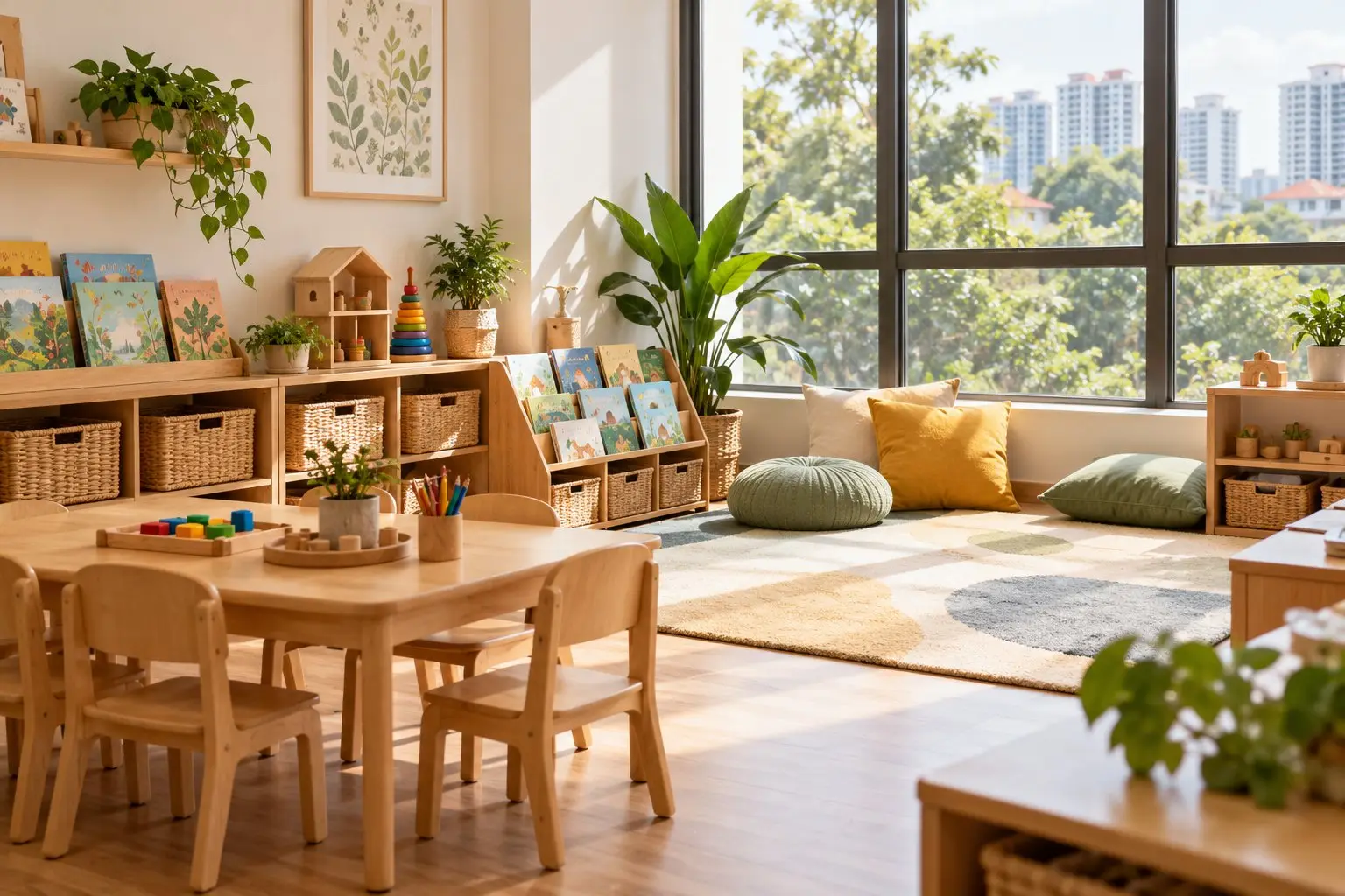 A bright preschool classroom corner with low wooden tables, picture books and soft rugs, no children present