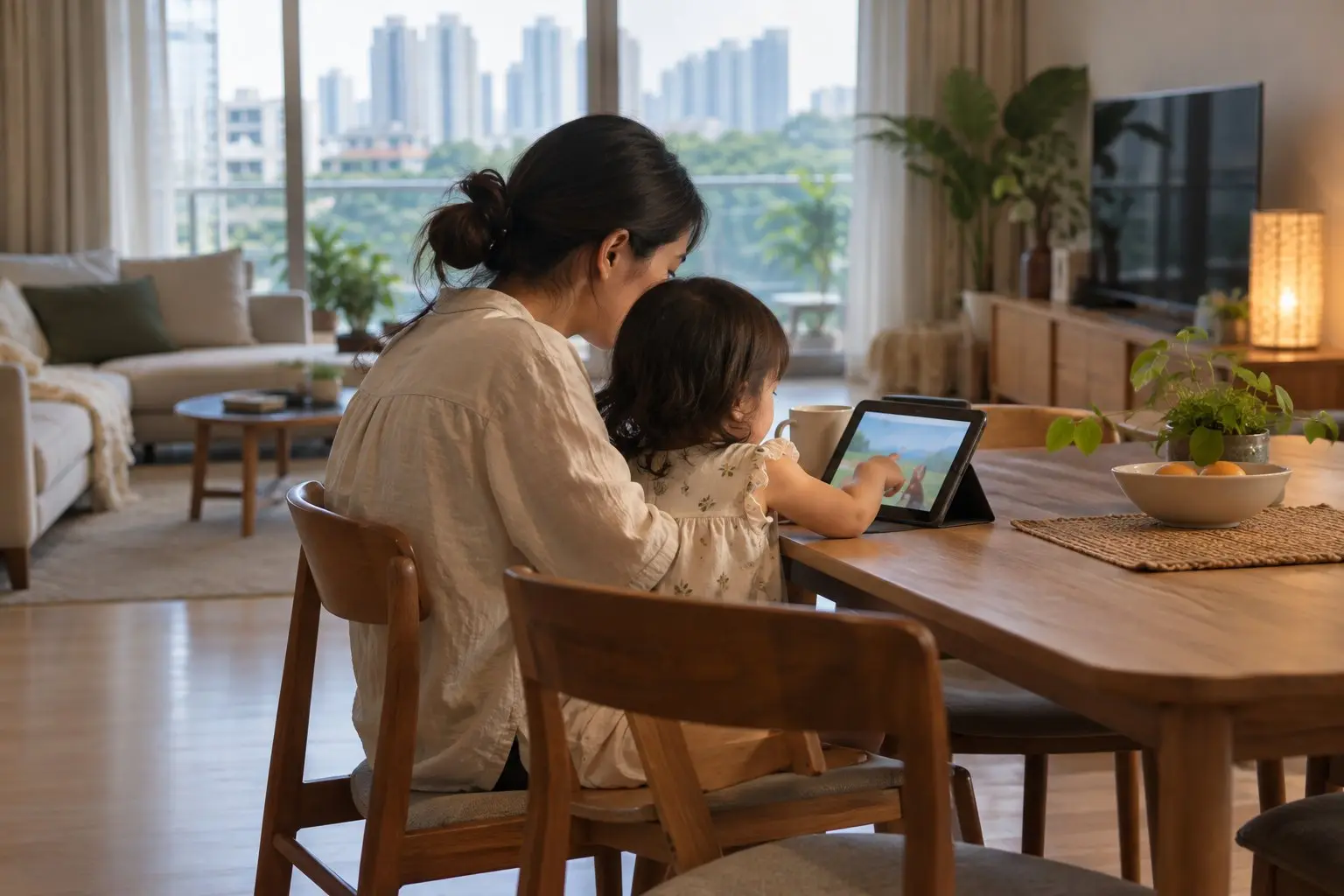A parent and a toddler at home looking at a tablet while searching for a childcare centre