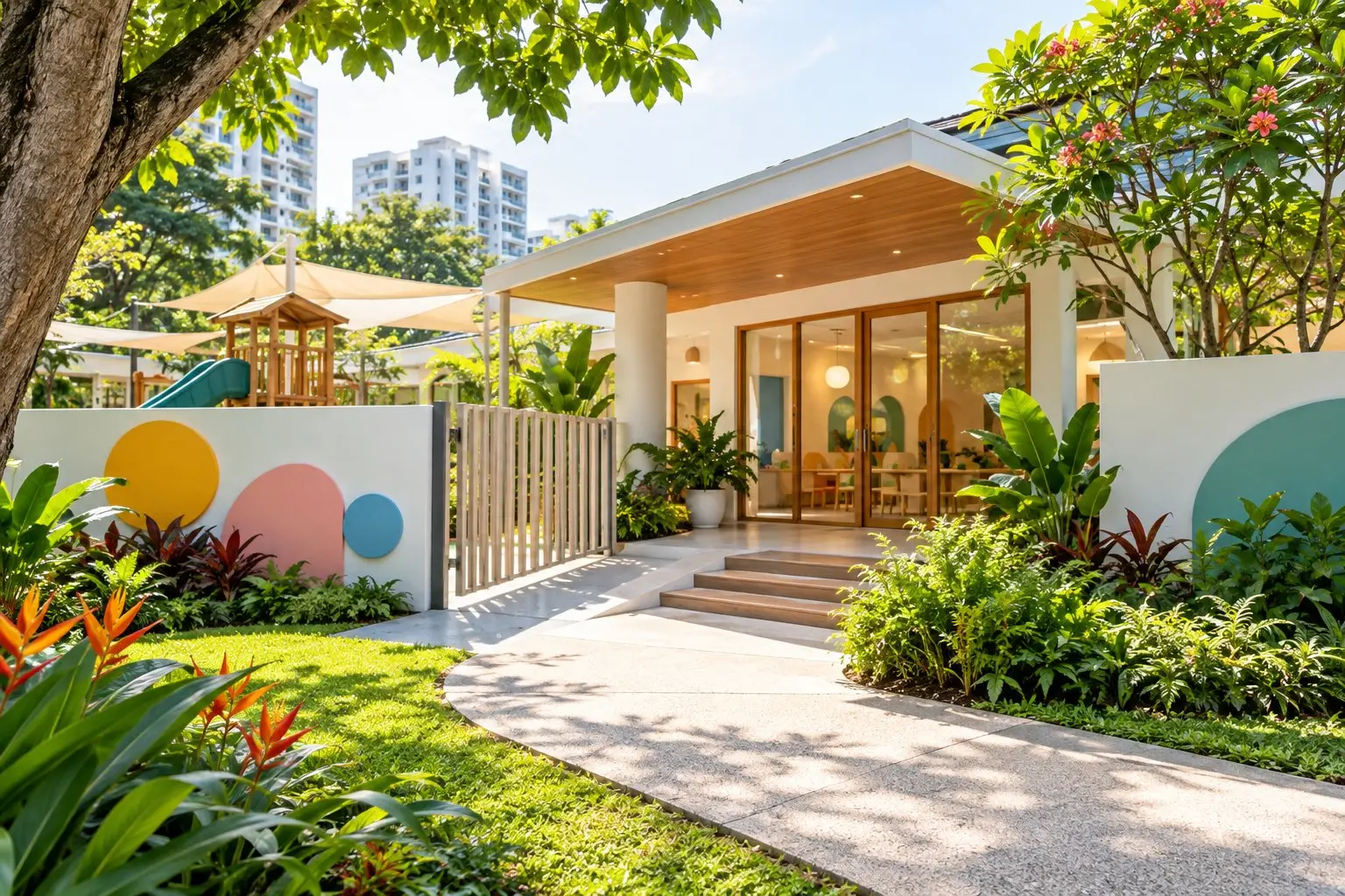 The garden entrance of a neighbourhood childcare centre in the morning