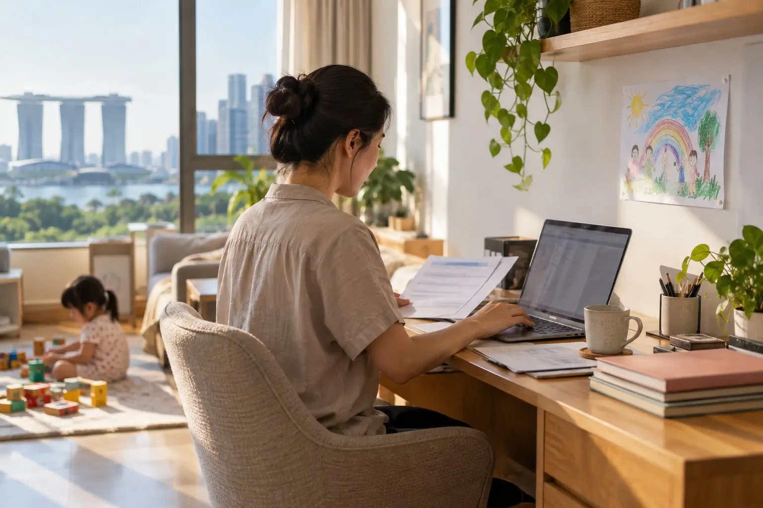 A working mother at a tidy home desk with a laptop and a child's drawing pinned nearby